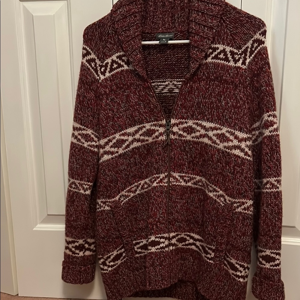 Eddie Bauer Red and Cream Cardigan with Nordic Pattern